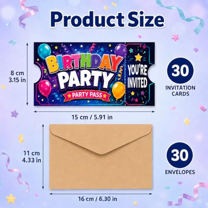 30 Pack Tear-Off Ticket Birthday Invitations with Envelopes - Colorful Party Passes