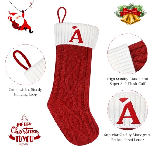 DIYASY Christmas Knitted Stockings with Letters - 20 Inch Large Holiday Stocking with Embroidered Alphabet - Red Xmas Gift Stocking for Christmas Decorations (Letter a)