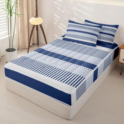 Kids Full Navy Blue Striped Zipper Bedding Set with Comforter & Pillowcases