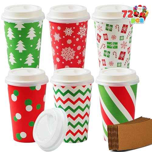 JOYIN 72 PCS Christmas Disposable Party Paper Cups, 16 oz Merry Christmas Coffee Cups With Sleeves and Lids, 6 Designs Xmas Tea Drinkware, Beverages Tableware Holiday Supplies Favors