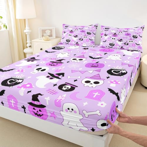 Halloween Purple Ghost Fitted Sheet Twin Size with Pillowcase - Kids Bedroom Decor