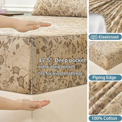 Vintage Sunflower Floral Bed Sheets Set King 100% Cotton Percale Bedding