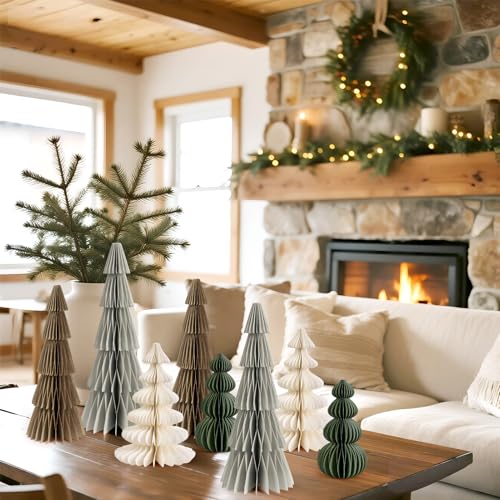 Christmas Honeycomb Tree Decorations Brown Green - 8 Pcs Magnetic Paper Centerpieces