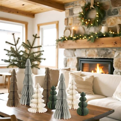 Christmas Honeycomb Tree Decorations Brown Green - 8 Pcs Magnetic Paper Centerpieces