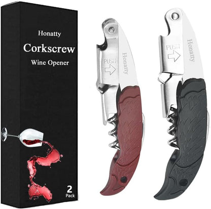 Waiter Corkscrew Wine Opener Manual | 2 Pack Professional Honatty 3-in-1 Heavy Duty Double Hinged Wine Key with Foil Cutter & Beer Bottle Opener for Servers, Bartenders & Home Use
