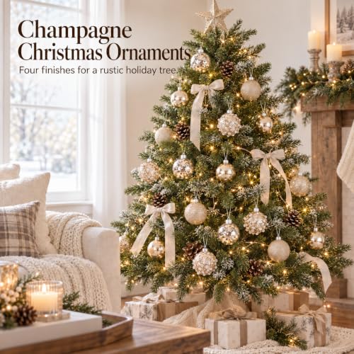 Champagne Rustic Christmas Ornaments Set 16PCS 2.4 Inch - Evernne
