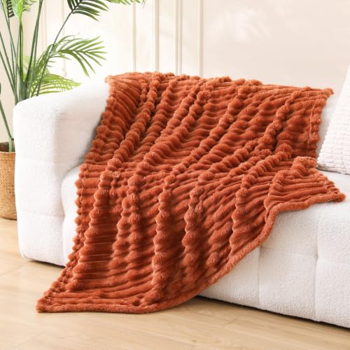 Burnt Orange 50x60 Inch Throw Blanket with 3D Stripe Design for Couch Cozy Home Decor