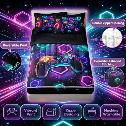 Neon Gamepad Bedding Set with Zippered Comforter and Fitted Sheet - Full Size - Black, Purple, Cyan