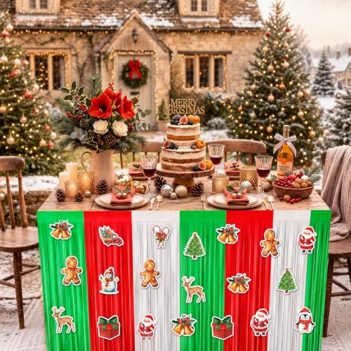 Christmas Table Skirt Set - Red Green White Tinsel Fringe Party Decorations - 4 Pack