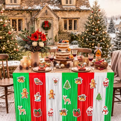 Christmas Table Skirt Set - Red Green White Tinsel Fringe Party Decorations - 4 Pack