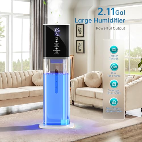 White Large Room Humidifier 8L with Night Light & Timer - Quiet Cool Mist