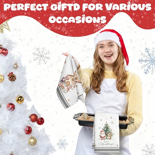 Christmas Kitchen Towels Set of 2 - Santa Reindeer Snowman Holiday Dish Towels - White04
