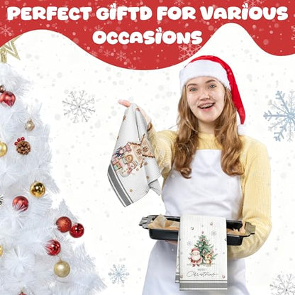 Christmas Kitchen Towels Set of 2 - Santa Reindeer Snowman Holiday Dish Towels - White04