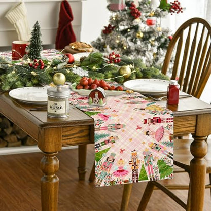 Christmas Table Runner 13x90 Inches - Pink, Nutcracker Holiday Decor
