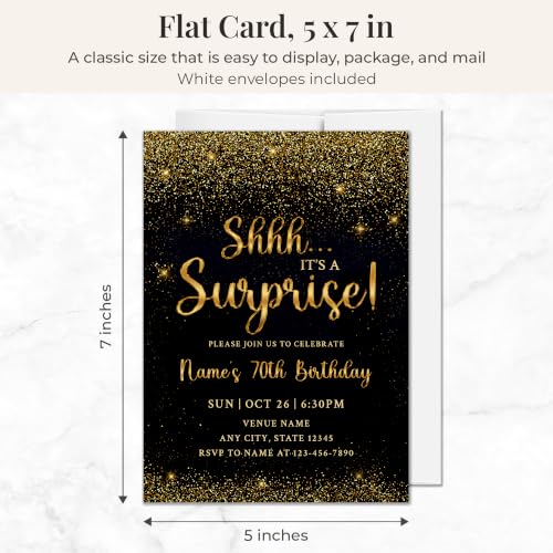 Black Gold 70th Surprise Birthday Invitations - Personalized 5x7 Set with Envelopes