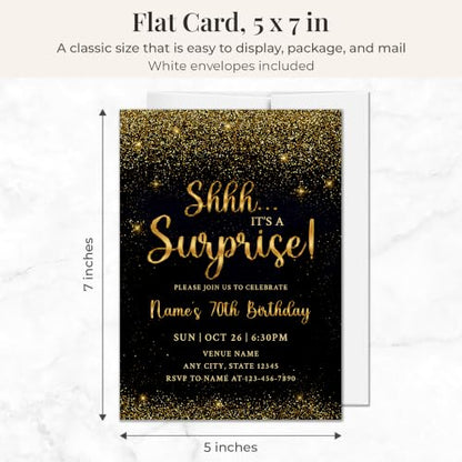 Black Gold 70th Surprise Birthday Invitations - Personalized 5x7 Set with Envelopes