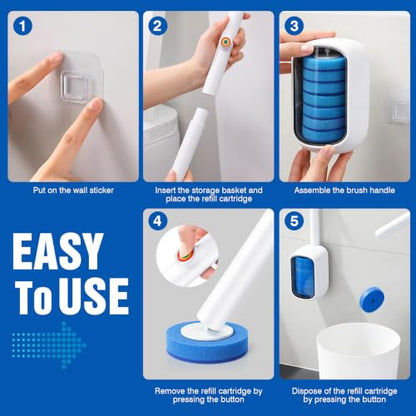 Disposable Wall-Mounted Toilet Brush with 35 Blue Refills and Storage Box - 1 Handle