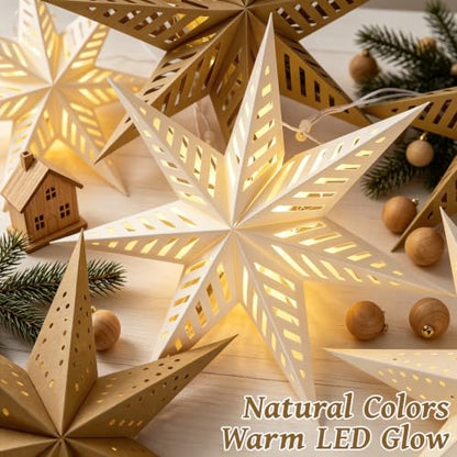 Paper Star Lantern Set of 5 Foldable 3D Hanging Decorations with Light - Brown Mix
