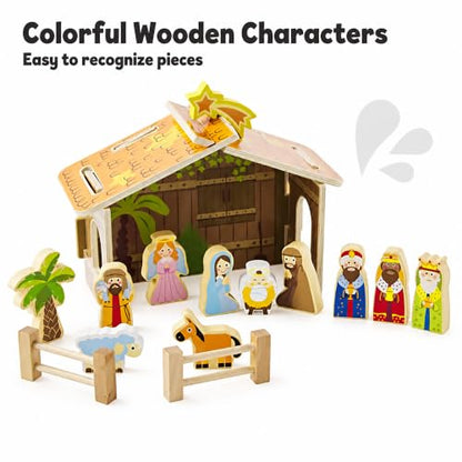 Nativity Scene Christmas Wooden Set with Barn - 12 Piece Holiday Decor
