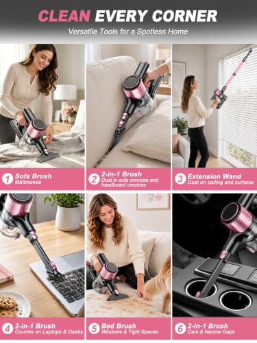 Pink Cordless Vacuum Cleaner, 50KPa Lightweight Stick Vacuum for Home Use