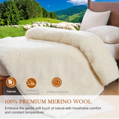 White Wool Mattress Pad Queen with Merino Fleece and Cotton Reversible Surface