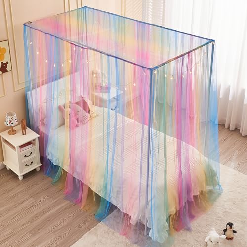 Rainbow Twin Bed Canopy with Light for Girls Kids Room Decor - Romantic Princess Style