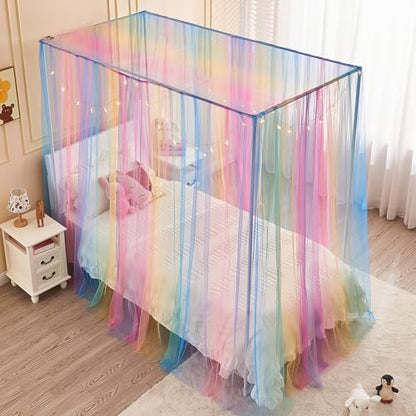 Rainbow Twin Bed Canopy with Light for Girls Kids Room Decor - Romantic Princess Style