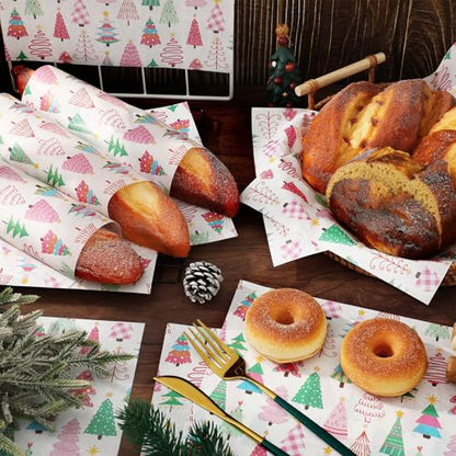 Christmas Wax Paper Sheets - Festive Pink and Green Tree Deli Wraps, Waterproof & Greaseproof, 9.8 x 8.3 Inches, 150 Pack