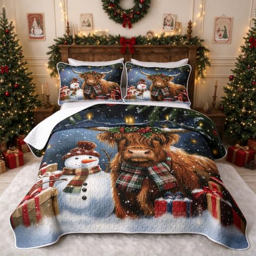 Christmas Highland Cattle King Quilt Bedding Set - White & Brown, 3 Pieces