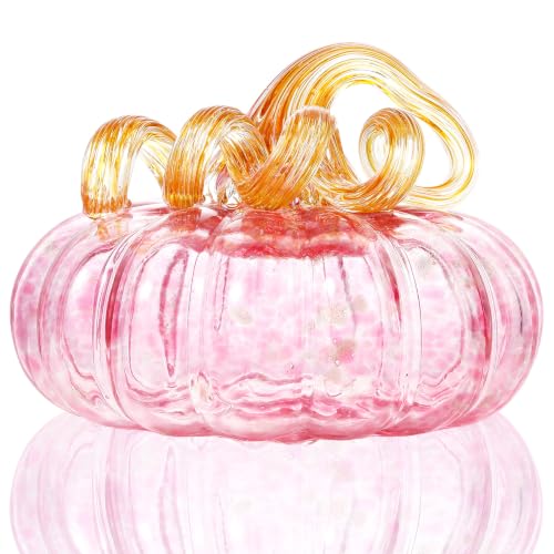 Pink Glass Pumpkin Halloween Fall Decor - 5.11 Inch Tabletop Centerpiece