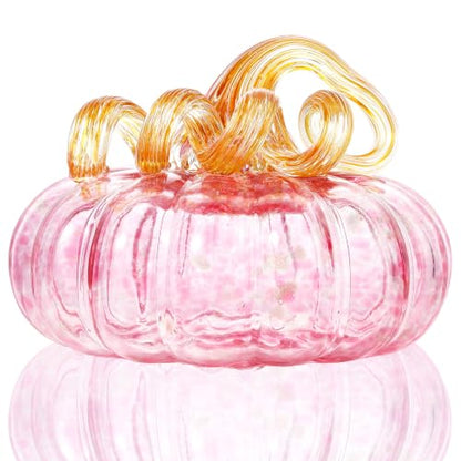 Pink Glass Pumpkin Halloween Fall Decor - 5.11 Inch Tabletop Centerpiece