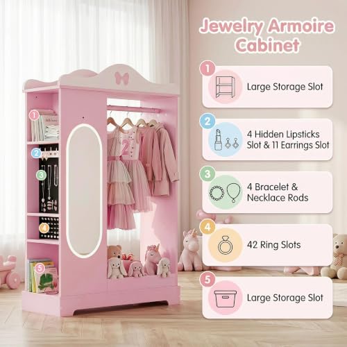 Kids Lighted Mirror Armoire - Pink Dress-Up Closet with Jewelry Storage
