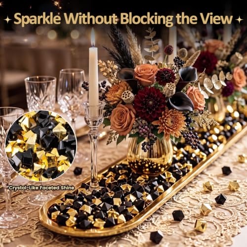 DomeStar Black and Gold Acrylic Ice Rocks Vase Filler 150PCS - Elegant Party Decor