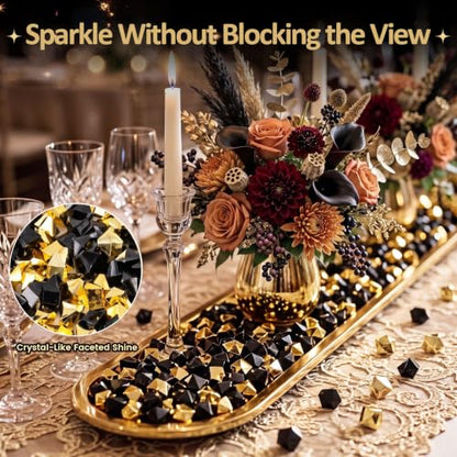 DomeStar Black and Gold Acrylic Ice Rocks Vase Filler 150PCS - Elegant Party Decor