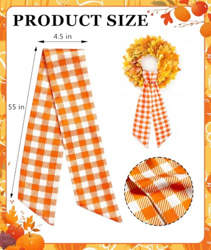 Fall Ribbon Wreath Sash for Front Door Orange Thanksgiving Decor - Variation: Orange Plaid