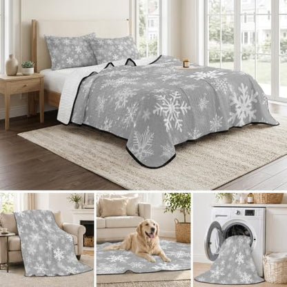 Silver Snowflakes Christmas Quilt Set Twin XL Bedding - Winter Holiday Lightweight Comforter with Pillowcases