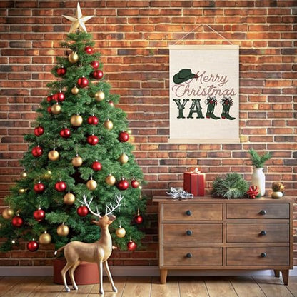 Western Christmas Wall Decor - Merry Christmas Y'all Cowboy Boots Wall Art with Wooden Poster Hanger - 12x16 Inches - Variation of 15-wall art-Christmas second