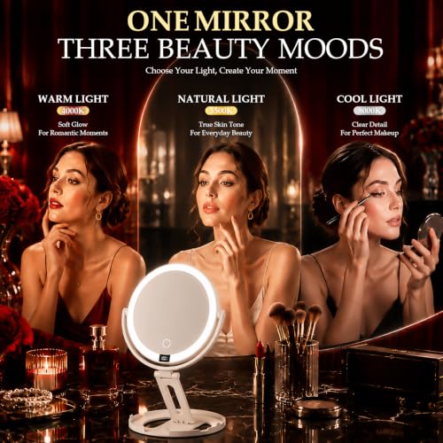 Travel Makeup Mirror with Lights - White, 1X/30X Double-Sided Magnification