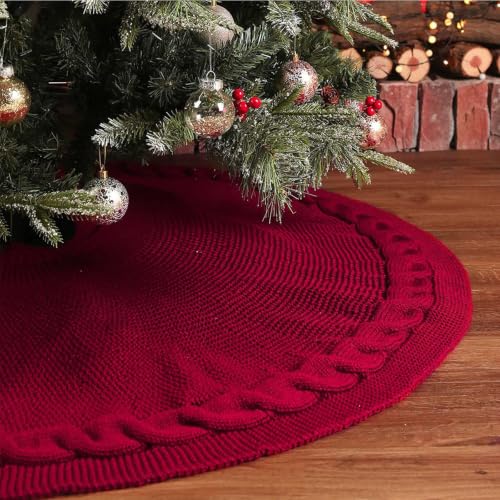 48 Inch Christmas Tree Skirt - Red Cable Knit Holiday Decor