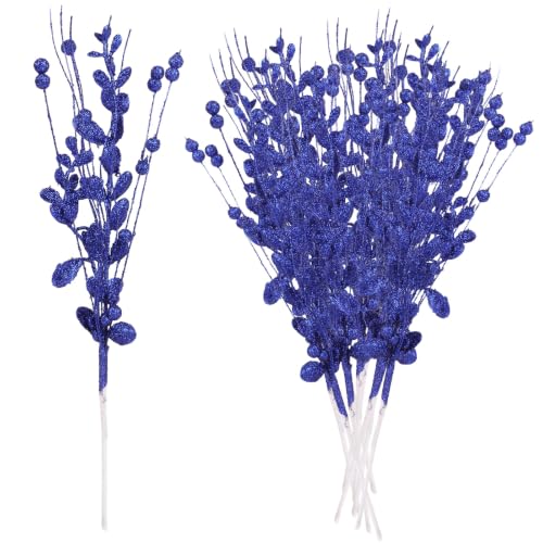 Blue Christmas Glitter Berry Picks - 18 Pack, 15.7 Inch Artificial Stem for Holiday Decor