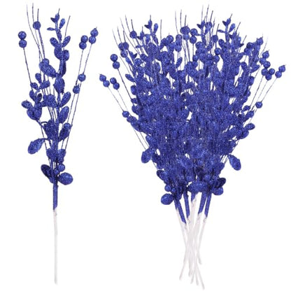 Blue Christmas Glitter Berry Picks - 18 Pack, 15.7 Inch Artificial Stem for Holiday Decor