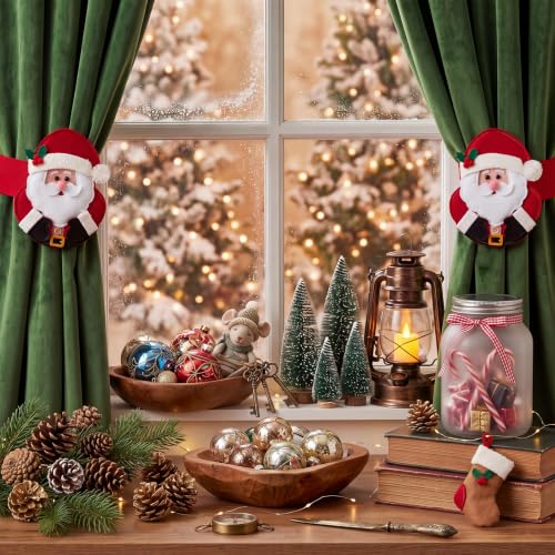 Christmas Santa Curtain Tiebacks - Felt Holiday Window Holdbacks (2 Pack)