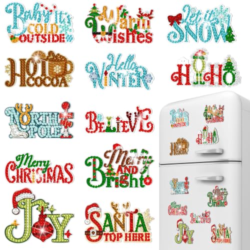 Christmas Diamond Art Magnet Kits - 12 Pieces for Fridge & Metal Surfaces - Holiday Decor