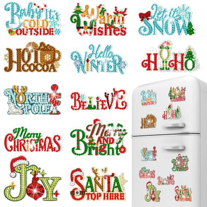 Christmas Diamond Art Magnet Kits - 12 Pieces for Fridge & Metal Surfaces - Holiday Decor