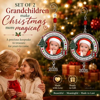 Grandchildren Photo Christmas Ornament Set of 2 with 2026 Charm - Red, White & Green Enamel with Jeweled Accents