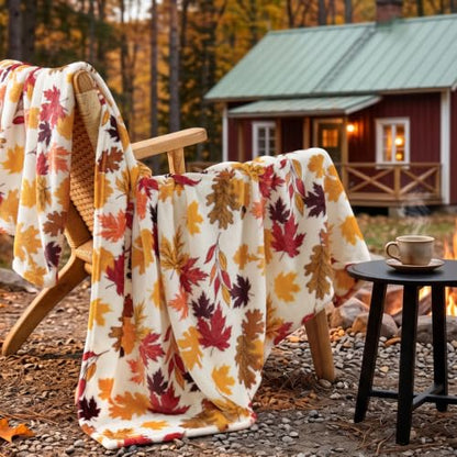Fleece Blanket for Fall Leaves Design Twin Size 60x80 Inches - Plush Cozy Throw