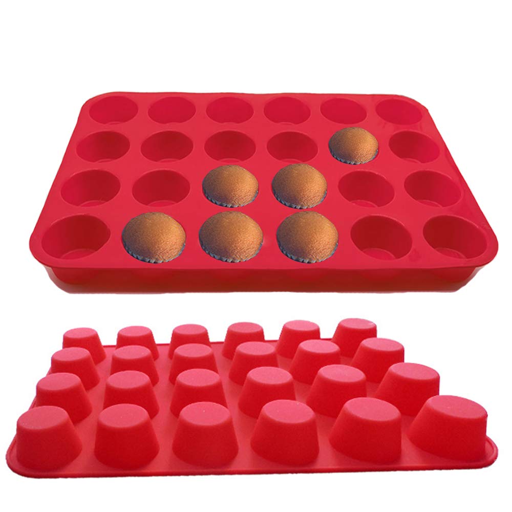 Qtopun Silicone Mini Muffin Pan, 4 Pack 24 Cups Silicone Mold Cups Baking Pan, Silicone Muffin Tins Baking Moulds-Red