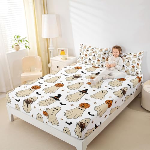 Beige Full Bed Sheets Set with Ghost Pumpkin Bats - Microfiber Breathable Soft