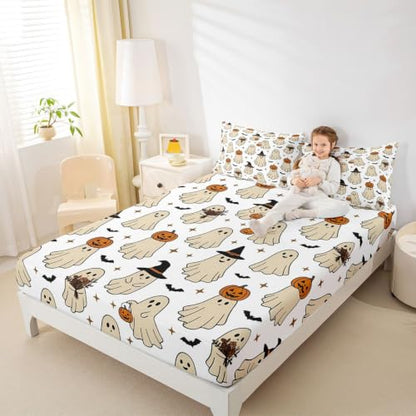 Beige Full Bed Sheets Set with Ghost Pumpkin Bats - Microfiber Breathable Soft