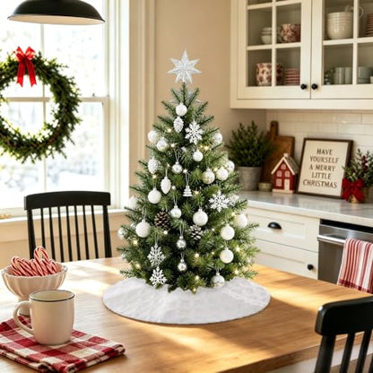 Cream Knitted Christmas Tree Skirt 24 Inch Plush Faux Fur Decor Collar
